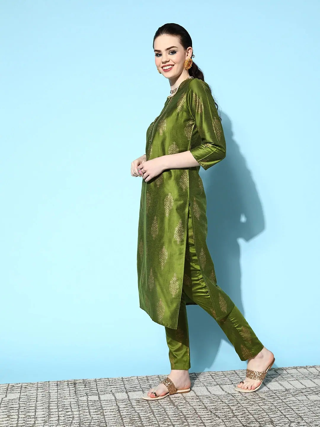 Green Floral Foil Kurta - Cotton Silk Indian Kurta for Women
