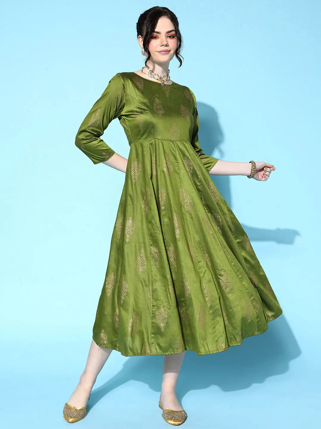 Green Cotton Silk Foil Anarkali Dress | Anarkali Kurti for Women