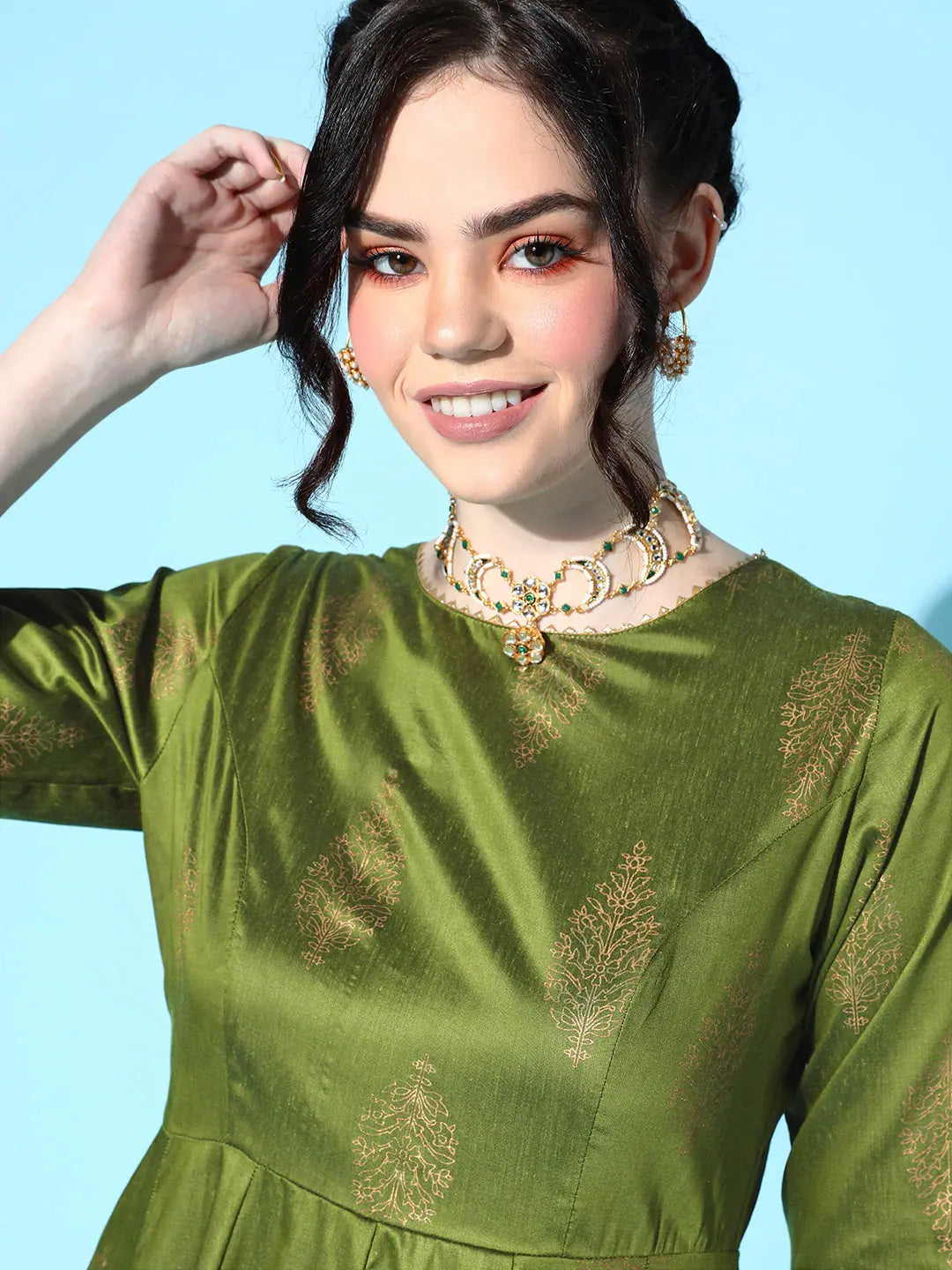 Green Cotton Silk Foil Anarkali Dress | Anarkali Kurti for Women