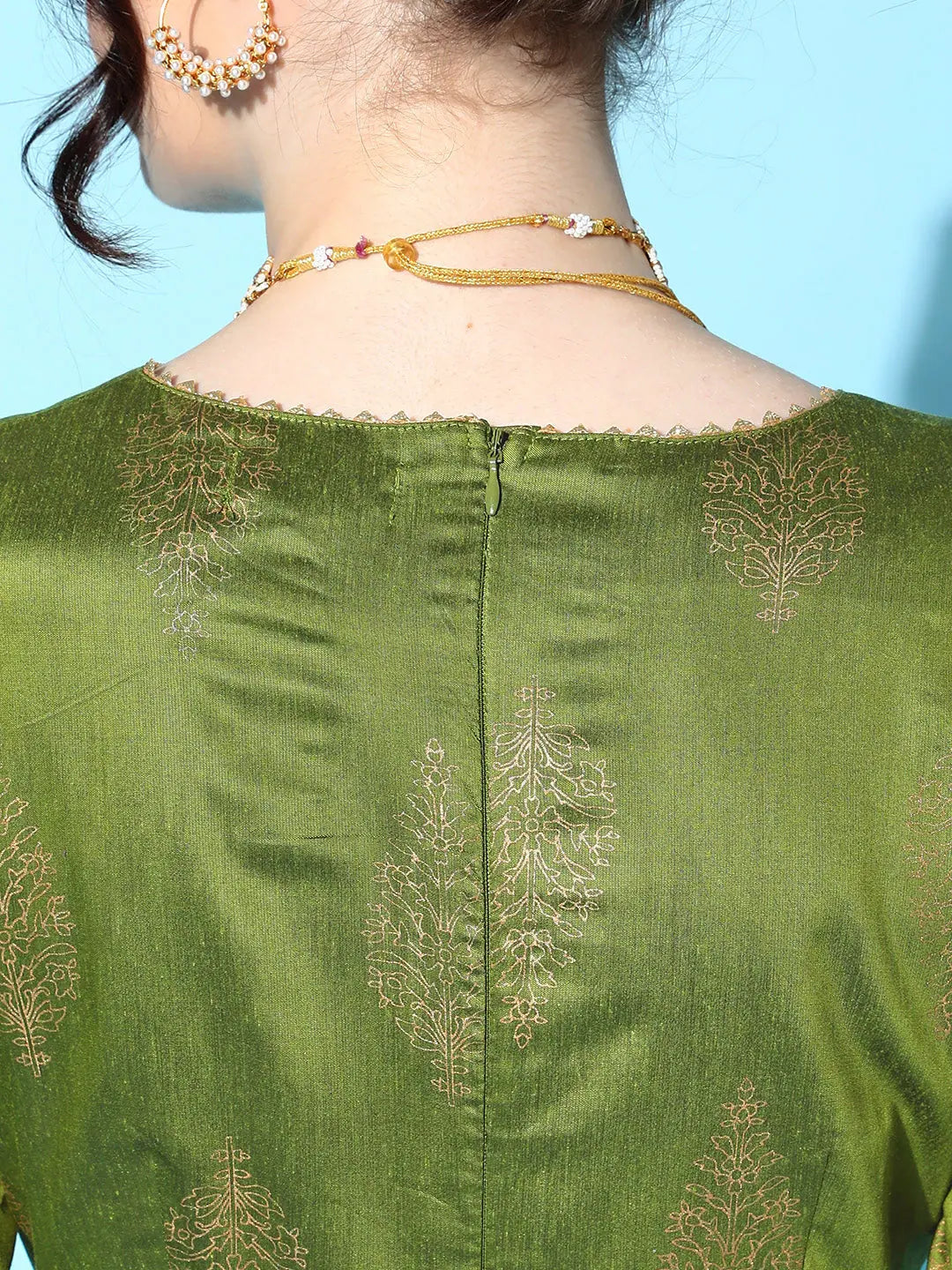 Green Cotton Silk Foil Anarkali Dress | Anarkali Kurti for Women