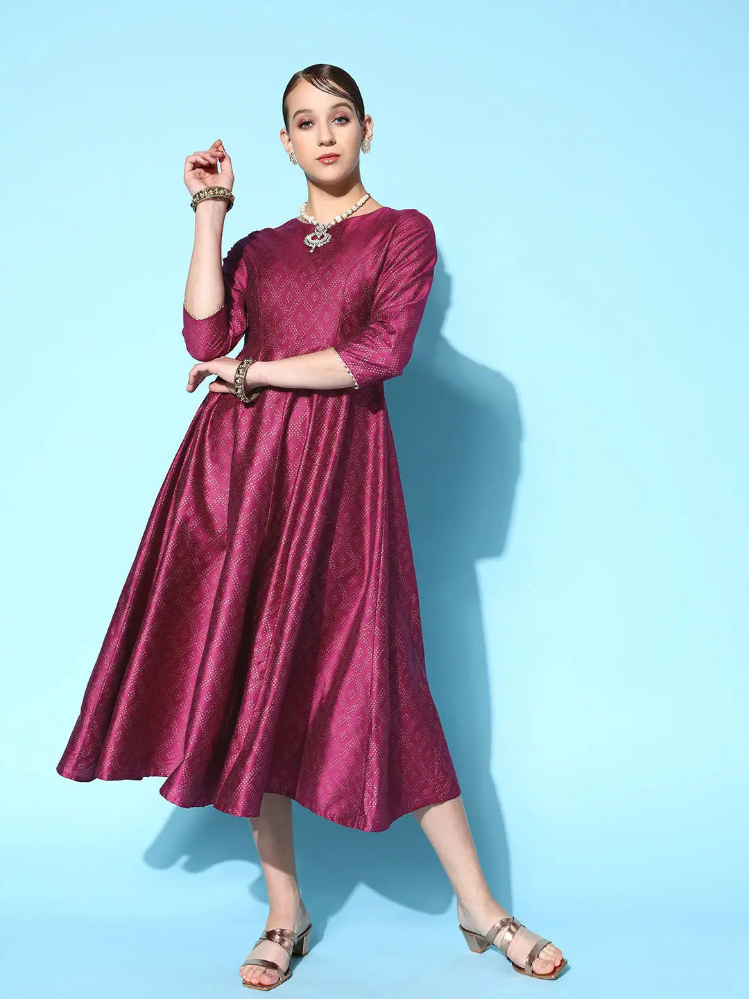 Burgundy Cotton Silk Foil Anarkali Dress | Anarkali Dress