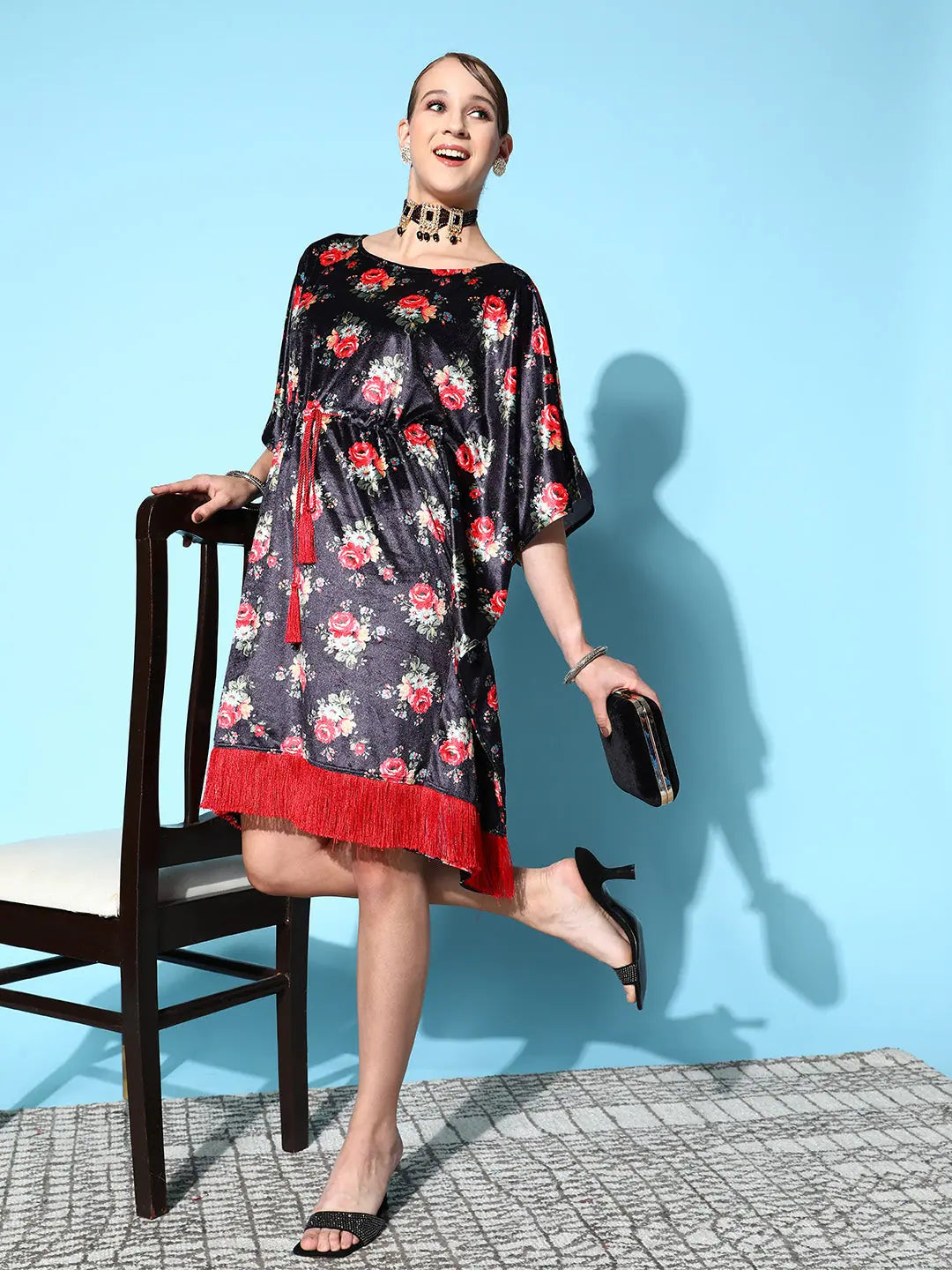 Navy Floral Velvet Kaftan Dress | Stylish Kaftans for Women