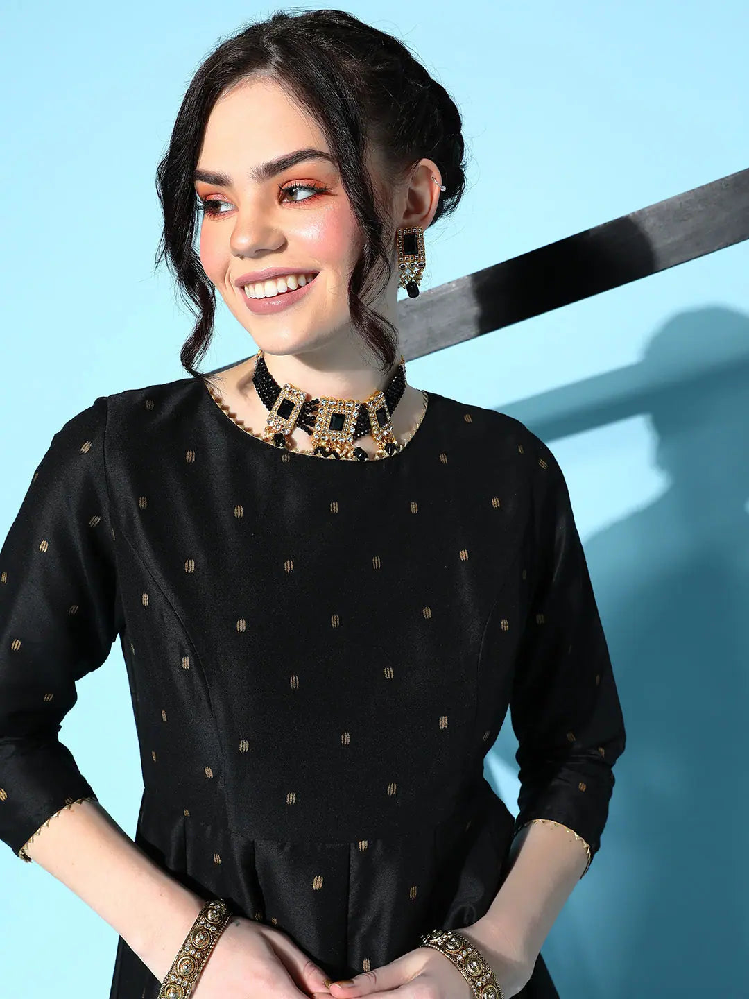 Black Cotton Silk Foil Anarkali Dress | Women's Anarkali Kurti