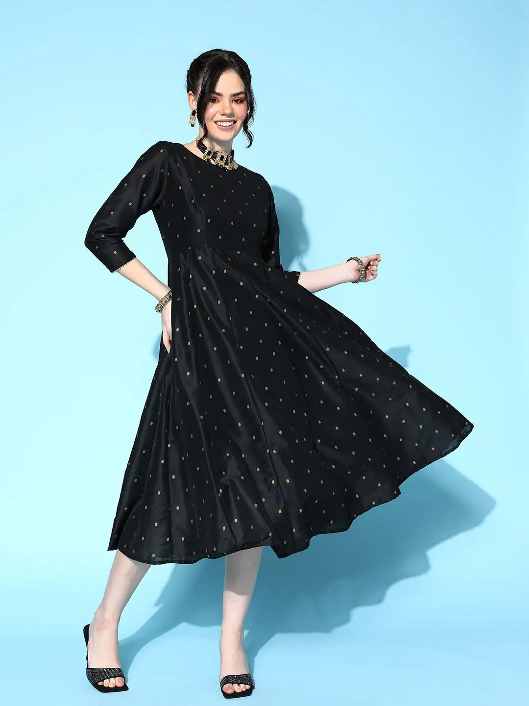 Black Cotton Silk Foil Anarkali Dress | Women's Anarkali Kurti