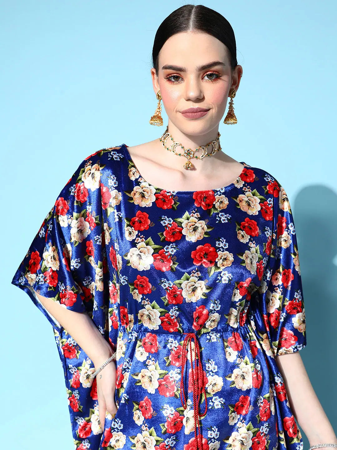 Royal Blue Floral Velvet High Low Kaftan - Kaftan Dresses