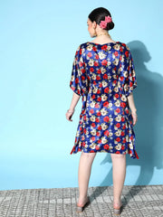 Women Royal Blue Floral Velvet High Low Kaftan Dress