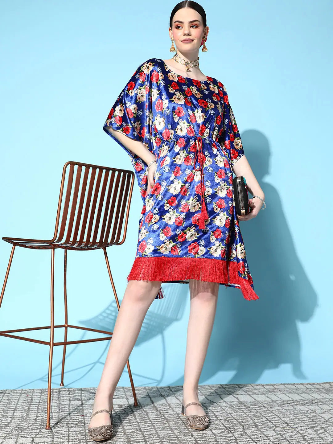 Royal Blue Floral Velvet High Low Kaftan - Kaftan Dresses