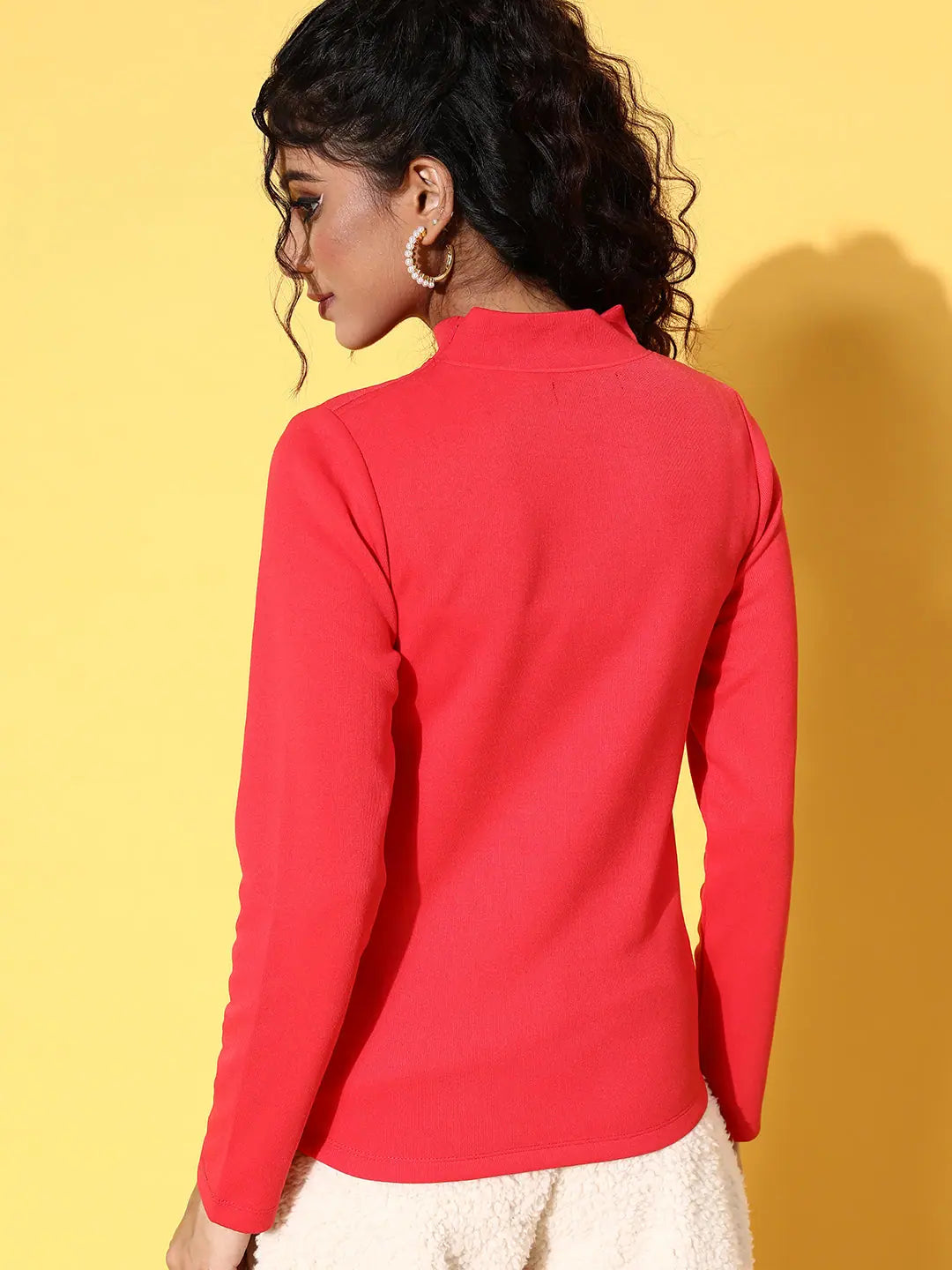Red Rib High Neck Top - Women's Cotton Slim Fit