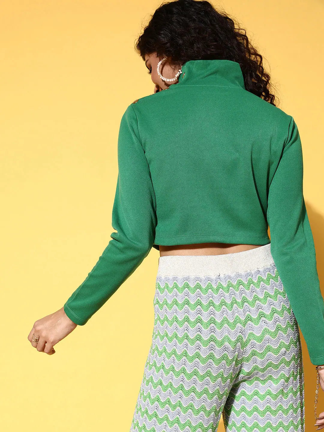 Women's Green Rib High Neck Crop Top - Slim Fit Style