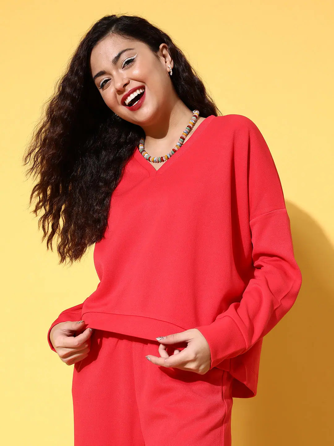 Red Rib V-Neck High-Low Sweater Top - Stylish Women's Top