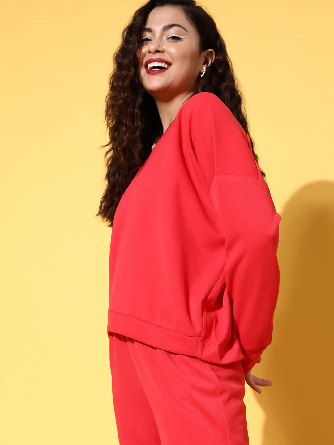 Red Rib V-Neck High-Low Sweater Top - Stylish Women's Top
