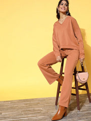 Women Rust Rib V-Neck High-Low Sweater Top