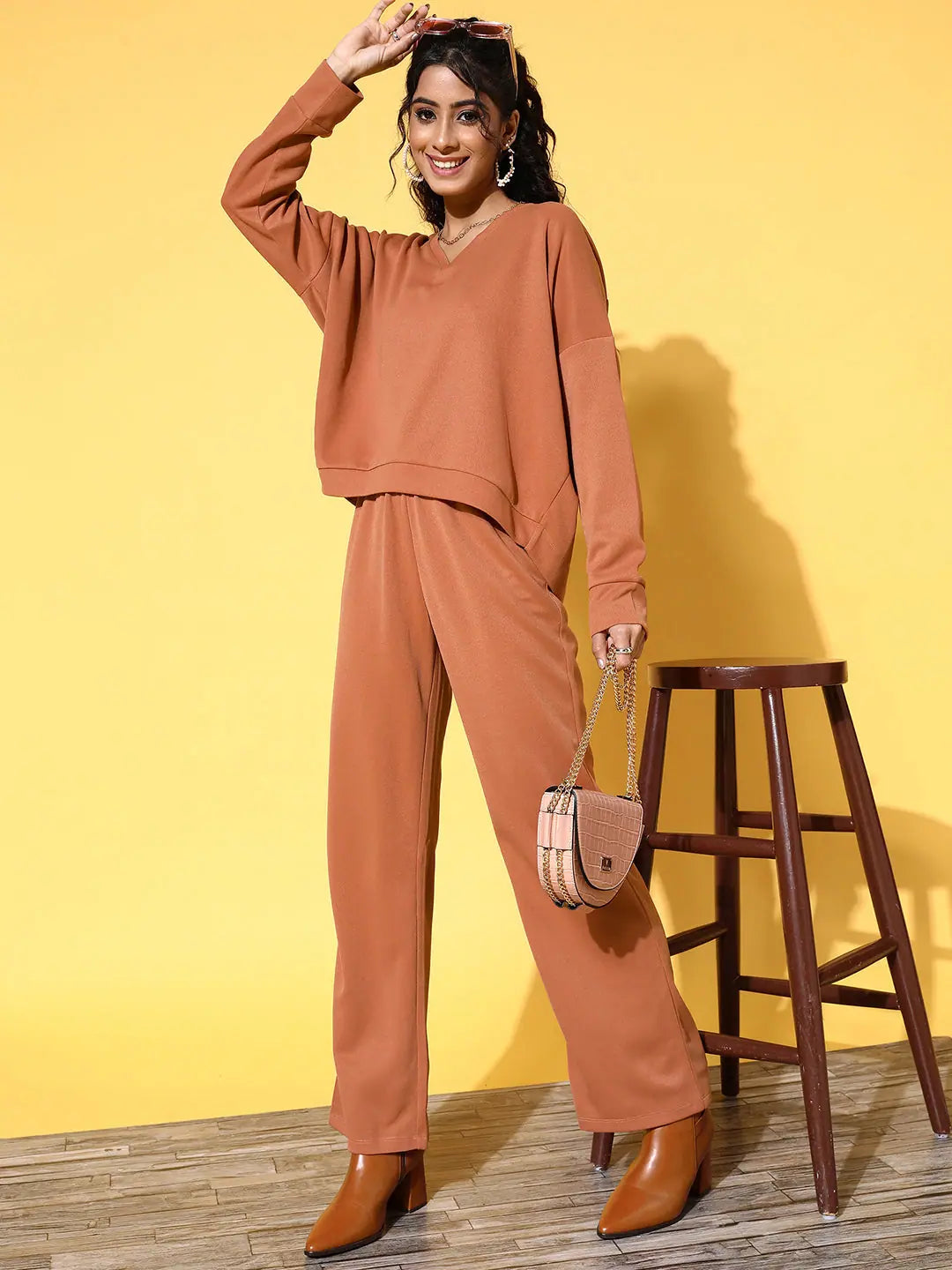 Rust Rib V-Neck High-Low Sweater Top - Women's Comfort Fit