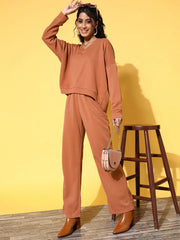 Women Rust Rib V-Neck High-Low Sweater Top