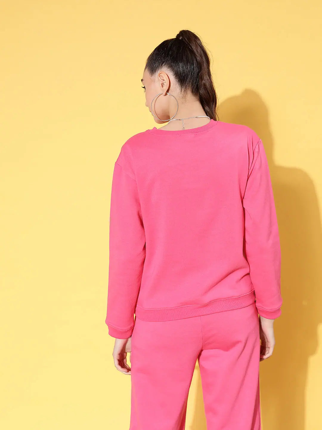 Women Pink Fleece Sweatshirt with Line Art | Printed Cotton