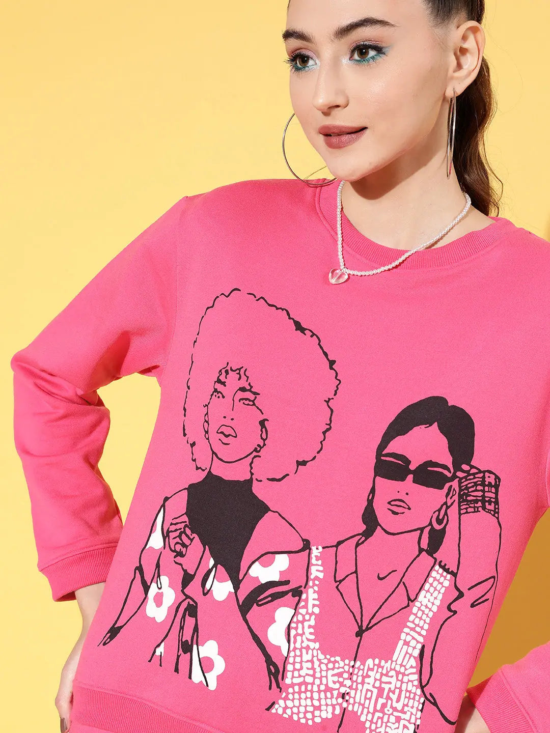 Women Pink Fleece Sweatshirt with Line Art | Printed Cotton