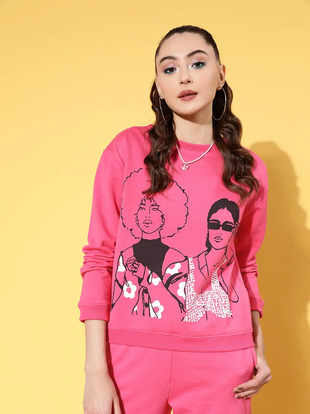Women Pink Fleece Sweatshirt with Line Art | Printed Cotton