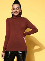 Women Rust Rib High Neck Button Detail Sweater