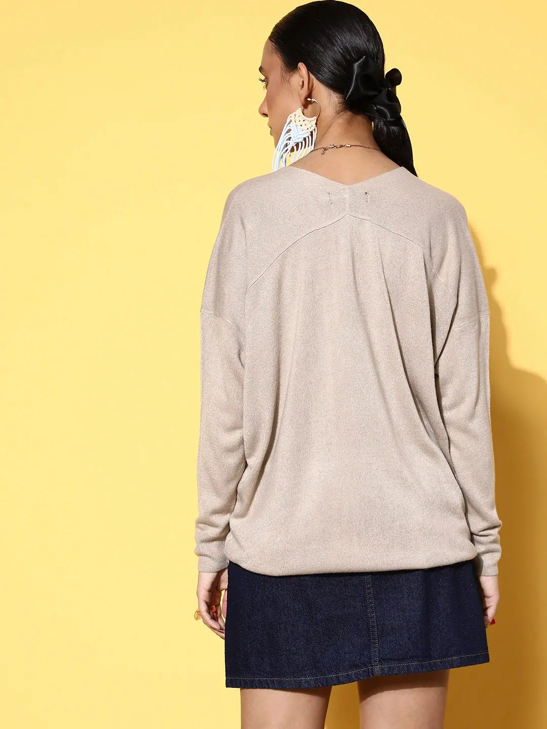 Beige V-Neck High-Low Sweater | Women's Western Clothing