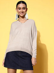 Women Beige V Neck High-Low Sweater