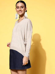 Women Beige V Neck High-Low Sweater