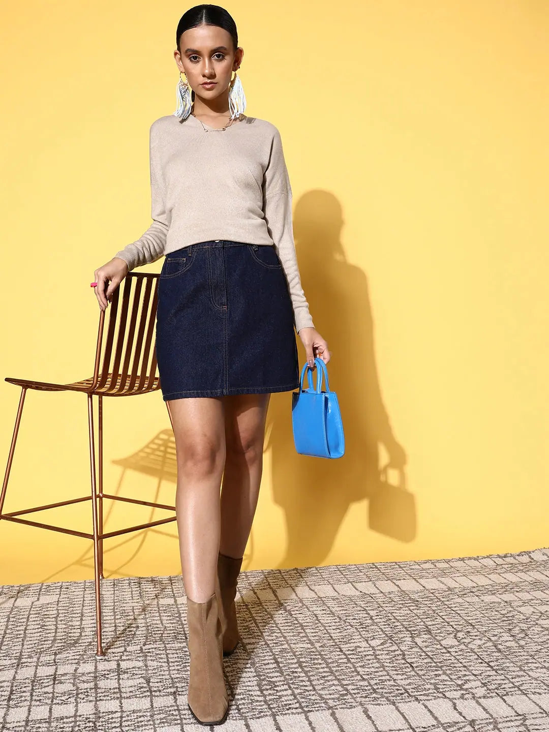 Beige V-Neck High-Low Sweater | Women's Western Clothing