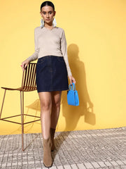 Women Beige V Neck High-Low Sweater