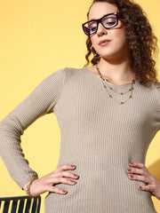 Women Biege Rib V-Neck Sweater