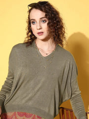 Women Olive V Neck High-Low Sweater