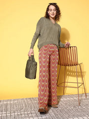 Women Olive V Neck High-Low Sweater