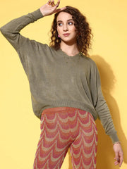 Women Olive V Neck High-Low Sweater