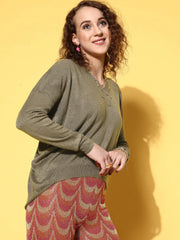Women Olive V Neck High-Low Sweater