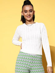Women White Cableknit Full Sleeves Sweater