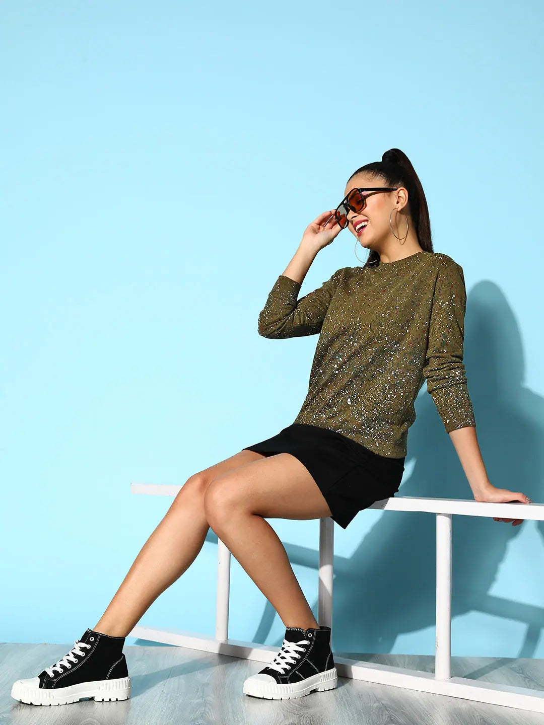 Splatter Paint Sweatshirt - Women's Olive Terry Cotton Top