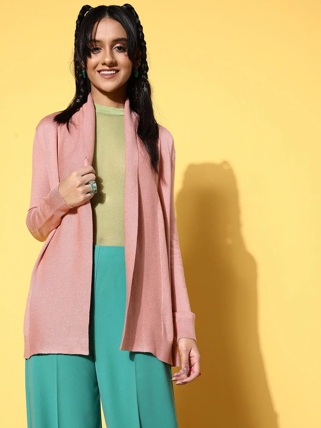 Pink Shawl Collar Sweater - Women's Open Front Acrylic Knit