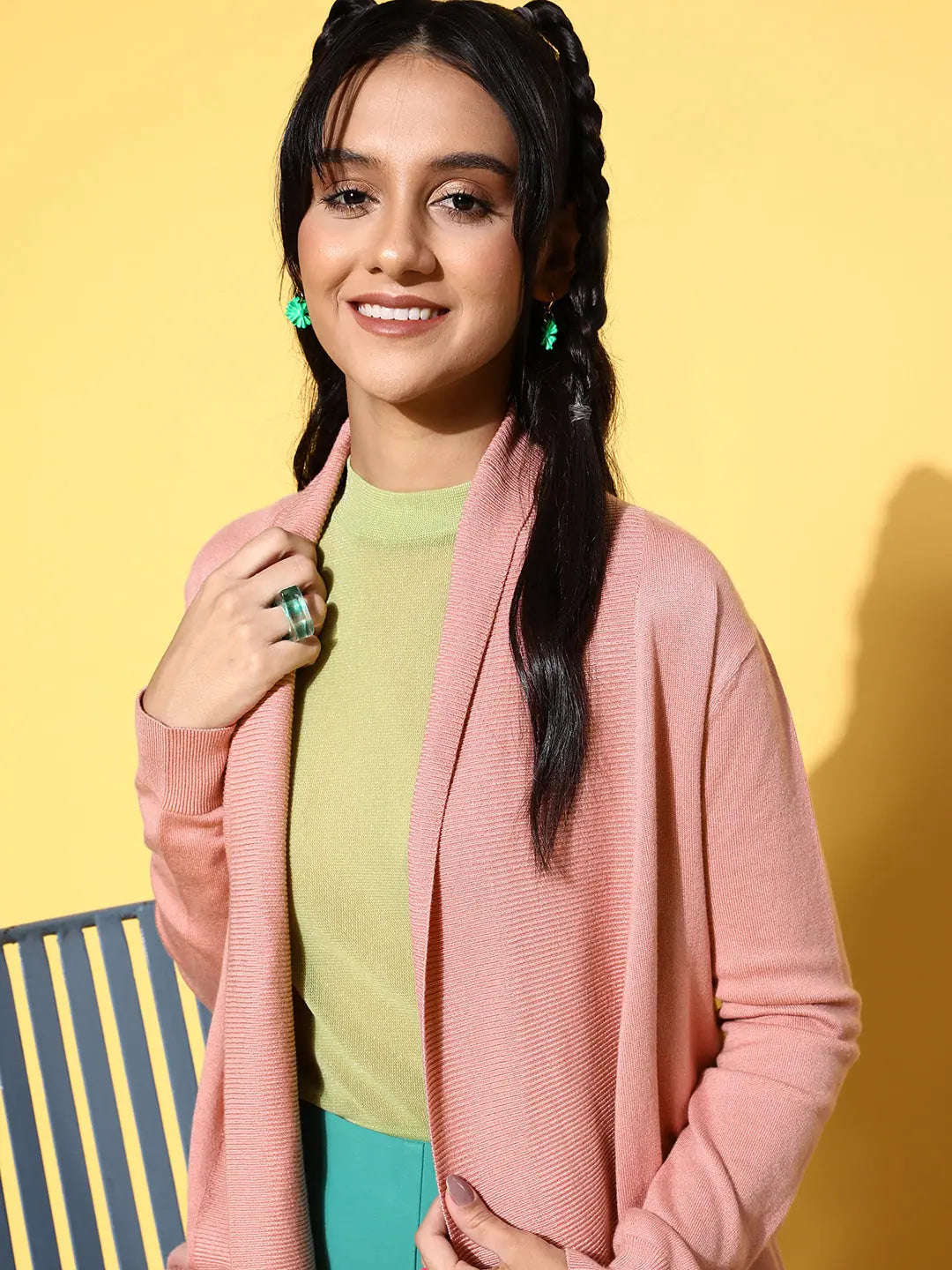 Pink Shawl Collar Sweater - Women's Open Front Acrylic Knit