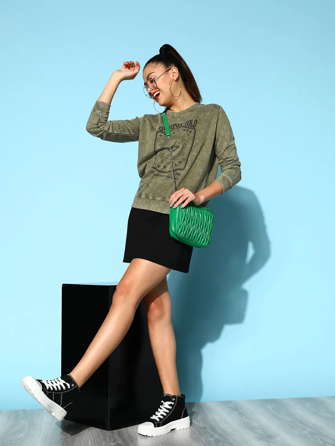 Olive Acid Wash Sweatshirt - Women's Terry Comfort Fit Top