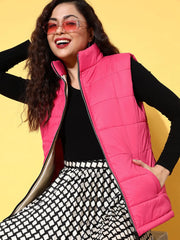 Women Solid Fuschia Sleeveless Jacket