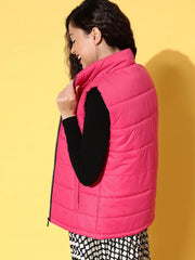 Women Solid Fuschia Sleeveless Jacket