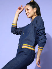 Women Solid Navy Full Sleeve Jacket