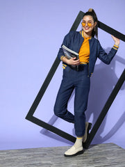 Women Solid Navy Full Sleeve Jacket