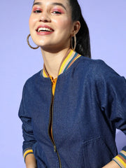 Women Solid Navy Full Sleeve Jacket