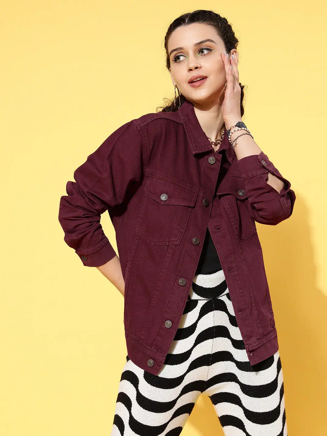 Burgundy Denim Jacket Women's Fashion Jackets with Pockets