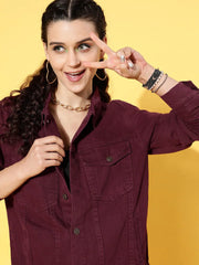 Women Solid Burgundy Collared Neck Full Sleeve Jacket