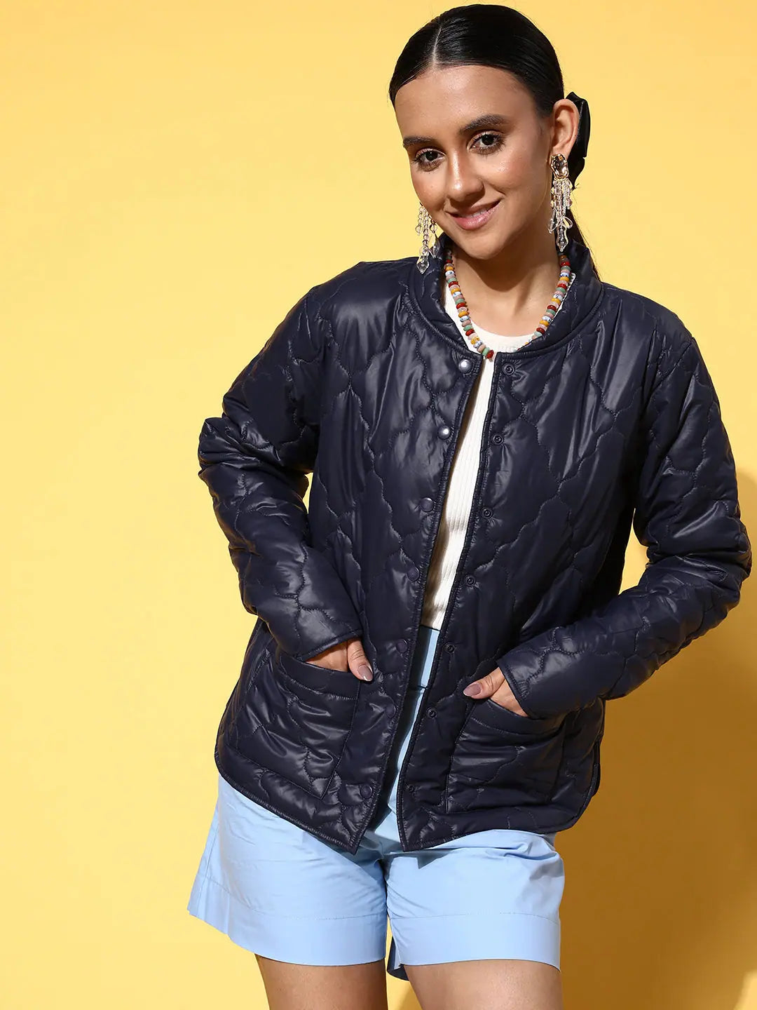 Women Solid Navy Full Sleeve Jacket