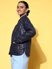 Women Solid Navy Full Sleeve Jacket