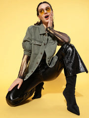 Women Solid Olive Collared Neck Full Sleeve Jacket