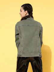 Women Solid Olive Collared Neck Full Sleeve Jacket