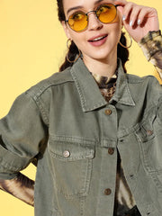 Women Solid Olive Collared Neck Full Sleeve Jacket