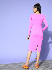 Women Mauve Rib Square Neck Bodycon Midi Dress